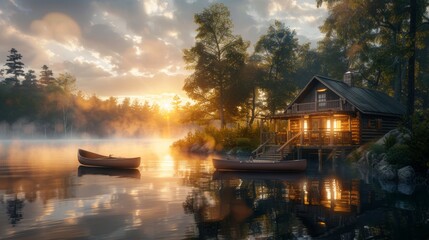 beautiful sunrise on a lake with fog surrounded by forest and a cabin