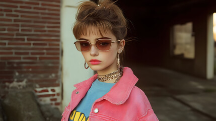 Wall Mural - A young woman in stylish attire poses confidently outdoors.