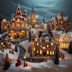 Wall Mural - Christmas village. Christmas and New Year holidays background. Decorated village in the snow.