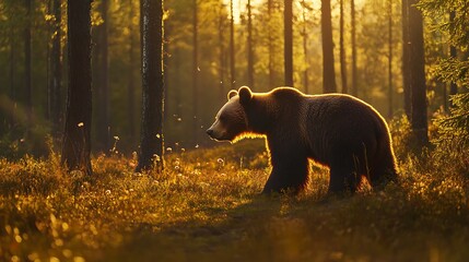 Wall Mural - A Brown Bear Walking Through a Sunlit Forest