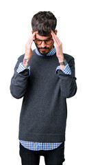 Poster - Young handsome smart man wearing glasses over isolated background with hand on head for pain in head because stress. Suffering migraine.