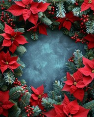 christmas decoration. frame of red poinsettia flowers and christmas tree branches