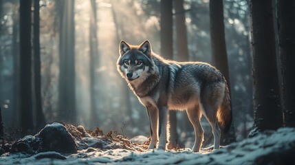 Wall Mural - Wolf in the Misty Forest