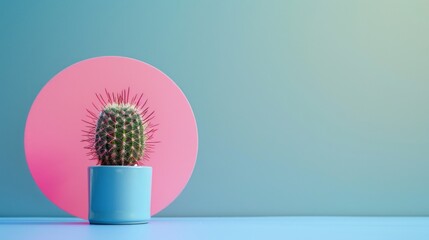 Sticker - A modern decoration featuring a cactus in a pastel blue pot. The background includes a large pink circle with soft gradient hues. This image combines simplicity and style. AI