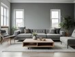 © Basileus - Modern Living Room Interior with Gray Sofa, Coffee Table, and Plant