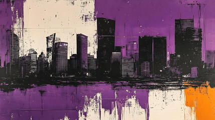 Poster - Abstract city skyline in purple and black with a splash of orange.