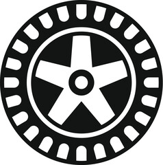 Poster - simple black and white vector icon of a car wheel, showing the rim, tire and five spokes