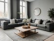 © Basileus - Modern Living Room with Gray Sectional Sofa and Wooden Coffee Table