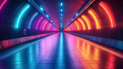 Poster - colorful illuminated tunnel with neon lights at night in an urban setting