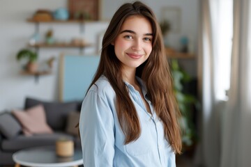 smiling woman with long hair in casual attire concept