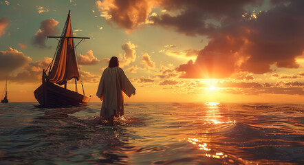 Wall Mural - Jesus walking on the water towards a boat