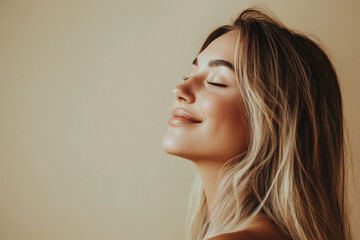 A close up of a woman's face with her eyes closed and long blond hair