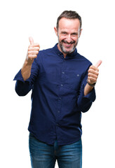 Sticker - Middle age hoary senior man over isolated background success sign doing positive gesture with hand, thumbs up smiling and happy. Looking at the camera with cheerful expression, winner gesture.