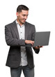 © Krakenimages.com - Handsome young man using computer laptop with a happy face standing and smiling with a confident smile showing teeth