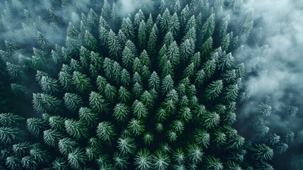 Canvas Print - Aerial view of a dense forest with snow-covered trees and mist.