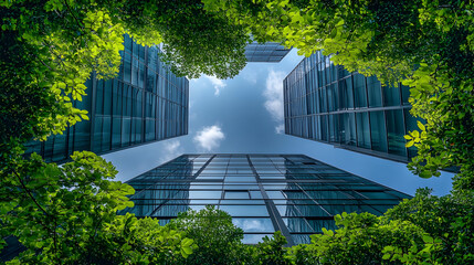 Wall Mural - Aerial view of modern buildings framed by lush greenery.