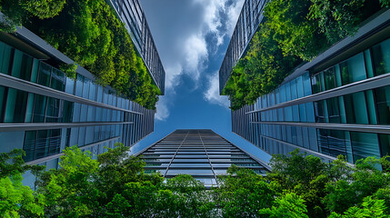 Aerial view of modern buildings surrounded by lush greenery.