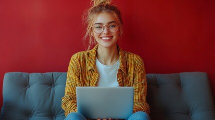 smile woman on a modern soft sofa with a laptop