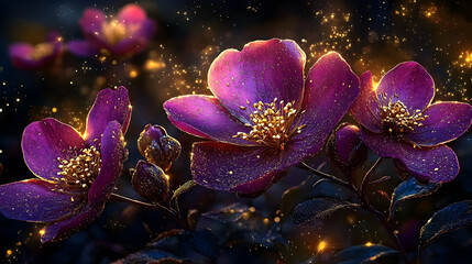 Wall Mural - Beautiful purple flowers with sparkling effects in a dark background.