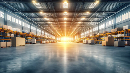 Wall Mural - Bright industrial warehouse with shelves and boxes, illuminated by sunset.