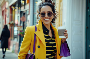 Poster - smiling woman in sunglasses and yellow coat holding coffee cup while walking down the street