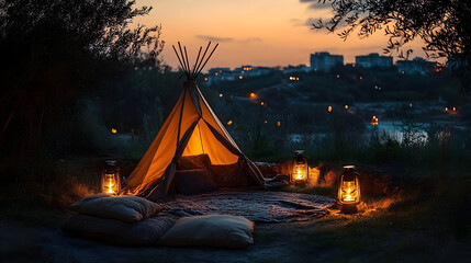 Wall Mural - Cozy campsite with a tent and lanterns at dusk.