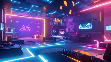 futuristic virtual reality gaming setup in neonlit room with floating holograms