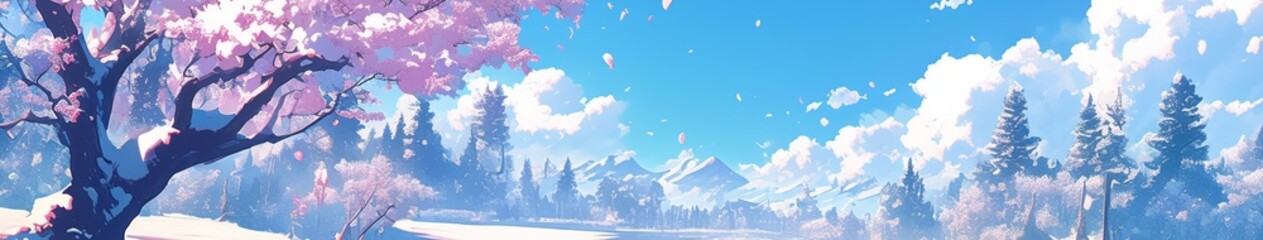 Enchanting Winter Rhododendron Wonderland: AI-Generated 4K Anime-Style Snowy Landscape. Vibrant Blue Sky and Delicate Flowers in Magical Snow Scene. Perfect for 2025 Winter, New Year, and Spring Festi