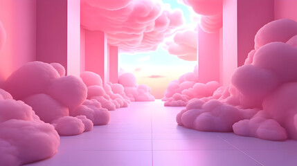 Sticker - Dreamy pink cloud corridor with soft lighting and open space.