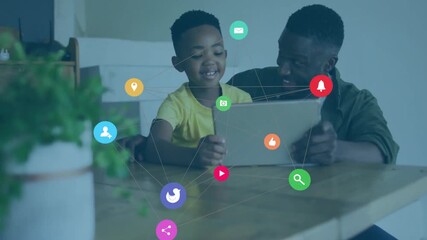 Poster - Social media icons and connections animation over father and son using tablet