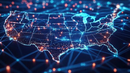 Wall Mural - glowing network connections overlaying usa map futuristic digital infrastructure concept