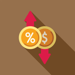 Poster - concept of interest rate increasing while dollar value is decreasing, with coins and up and down arr