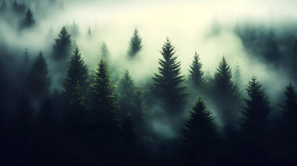 Poster - Misty forest landscape with tall evergreen trees and fog.