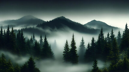 Canvas Print - Misty forest landscape with mountains in the background.