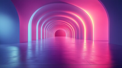 Poster - colorful arches illuminate a modern corridor in vibrant blue and pink hues at nighttime