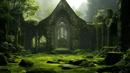 Poster - Ruins overgrown with moss and vegetation in a serene landscape.