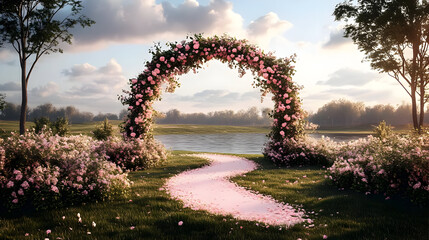 Poster - Serene garden pathway adorned with pink flowers and archway.