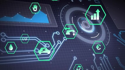 Poster - Futuristic technology icons and data processing animation over digital interface
