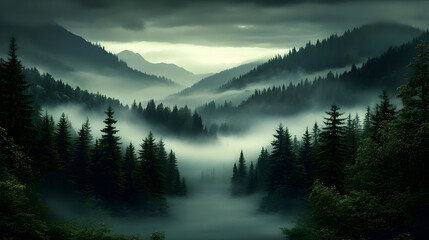 Canvas Print - Serene misty forest landscape with mountains in the background.