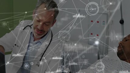 Canvas Print - Doctor examining patient, data network and medical statistics animation over scene