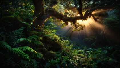 Adventurous journey through a dense forest, sunlight streaming through the canopy, creating a sense of exploration, Realism, Natural colors, Detailed