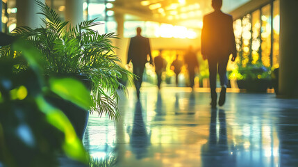 Poster - Silhouettes of people walking in a bright, modern space with greenery.