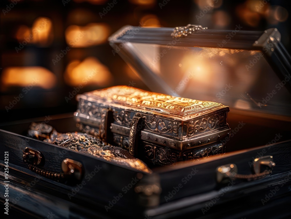 Ancient relics displayed in a museum setting, softly lit to highlight ...
