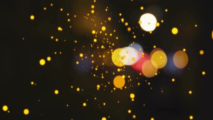 Poster - Glowing yellow particles and bokeh lights animation over dark background