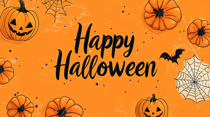 beautiful halloween themed drawing with a pumpkins, spider webs and bats on an orange background with the word happy halloween written in the design