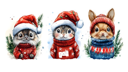 Wall Mural - Three cute animals in festive sweaters and hats for holiday cheer.