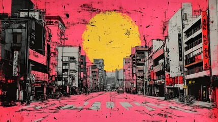 Poster - Urban landscape with a vibrant pink background and large sun.