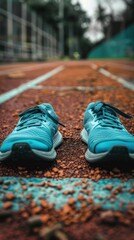 Poster - Blue running shoes on a track.