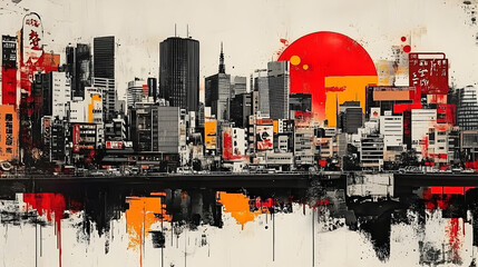 Poster - Urban skyline with abstract elements and a rising sun motif.