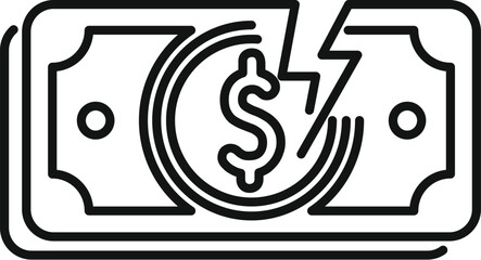 Poster - line art vector of a lightning bolt breaking a dollar bill, depicting financial struggles and econom